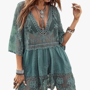 Boho Teal And White Lace Swim Cover-Ups